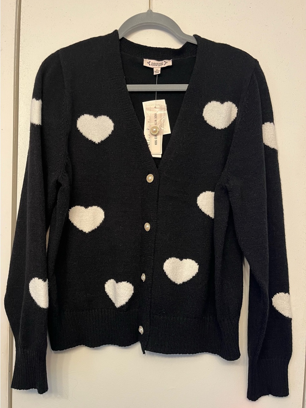 Nanette Lepore Black Cardigan with White Heart Accents